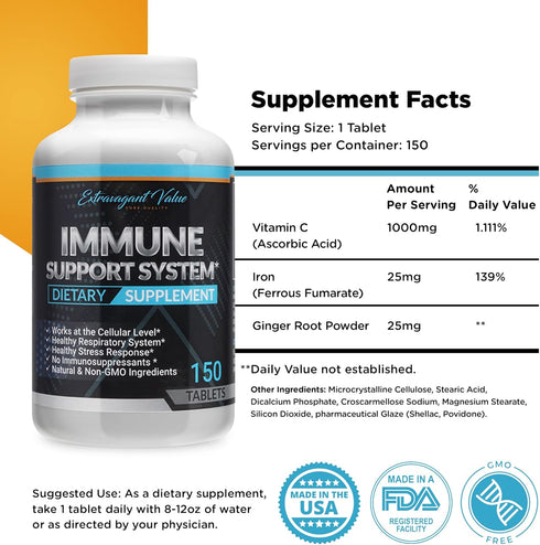 Iron Supplement 25mg for Women & Men with Vitamin C 1000mg, 150 Tablets, Immune & Blood Support, Non-GMO