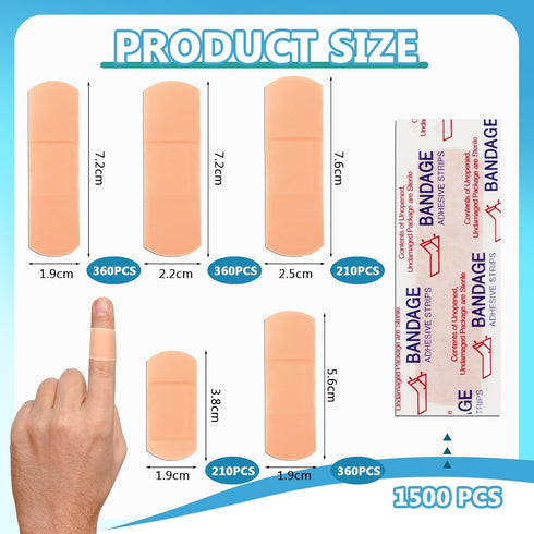 M-Aimee 1500 Pack (5 Pcs Variety Adhesive Bandages Bulk Waterproof Adhesive Breathable Bandages for Sensitive Skin