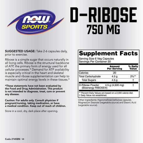 NOW Sports Nutrition D-Ribose 750 mg, Certified Non-GMO, 120 Veg Capsules
