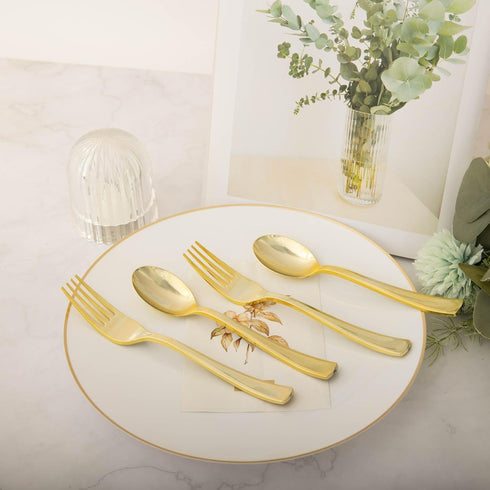 N9R 100 Pieces Gold Plastic Silverware Set, 50 Gold Spoons and 50 Forks for Parties, Catering, Weddings