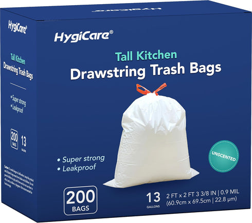 13 Gallon Tall Kitchen Trash Bags - Unscented 200 Count, Drawstring Garbage Bags, Ultral Strong, Leakproof, Sturdy