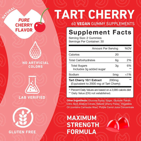 Tart Cherry Gummies for Uric Acid Flush, Joint Relief & Recovery, Non-GMO, Gluten Free, Vegan, 60 Count