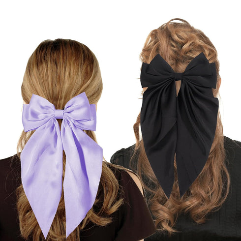 MHDGG 5Pcs Silky Satin Hair Bows - Oversized Long Tail Clips for Women in 5 Colors