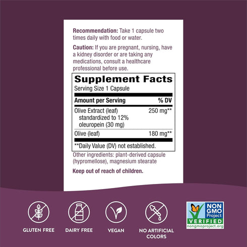 Nature's Way Premium Extract Olive Leaf Supplement, 250mg Per Serving, 60 Capsules