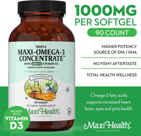 Maxi Health Omega 3 Supplement - Omega-3 Fish Oil Triple Concentrate w/ Vitamin D3 - 90 Softgels for Heart, Brain,