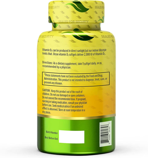 ORZAX Vitamin D3 2000 iu (50 mcg) - 1 Year Supply for Strong Muscle Function and Immune Support - Mood Supplement for Wellness (360 Softgel)