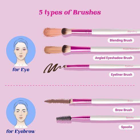 Ruby Kisses Travel Size Makeup Brushes Set, Eye Makeup Brush Set with Case, 5 PCS Blending, Angled, Eyebrow Brushes
