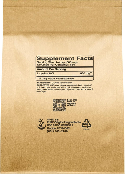 Pure Original Ingredients L-Lysine HCl (1lb) Alpha Amino Acid, Non-GMO, Gluten-free