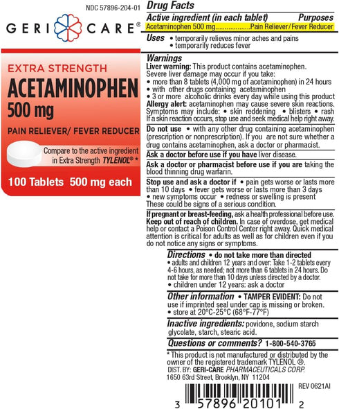 GeriCare Extra Strength Acetaminophen Pain Relief Fever Reducer Tablets, Strength 500mg Tablet | Joint, Muscle, Arthritis, Back Pain Relief 100 Count (Pack of 1)
