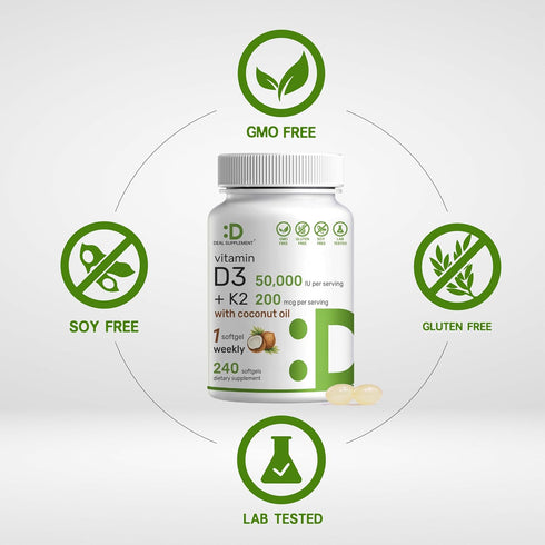DEAL SUPPLEMENT Vitamin D3 50,000 IU + K2 MK7 - 240 Softgels with Virgin Coconut Oil for Heart & Bone Health