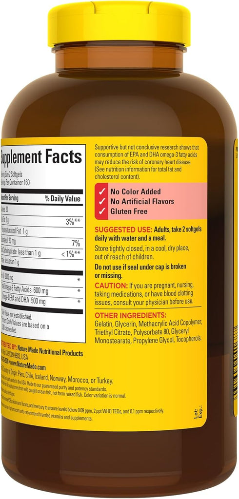 Nature Made Burp Less Fish Oil, 1000 mg Softgels, Omega 3 Supplements, 320 Softgels, 160 Day Supply