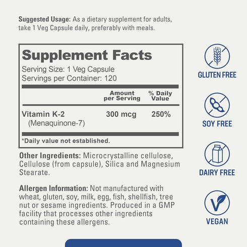 biophix Vitamin K2 MK-7 - 300 mcg, 120 Vcaps - High-Potency for Strong Bones & Immune Health