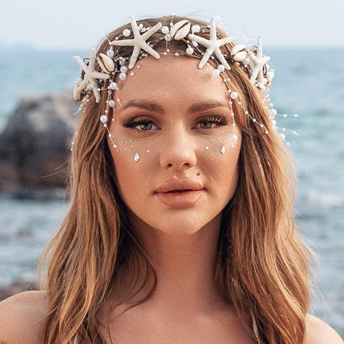Unicra Starfish Headband, Pearl Bride Wedding Hair Vine, Beach Hair Accessories for Women and Girls (White Brown)