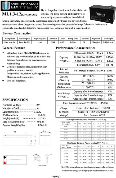 Mighty Max Battery ML1.3-12 12 1.3 PACK 2 - VOLT AH SLA BATTERY
