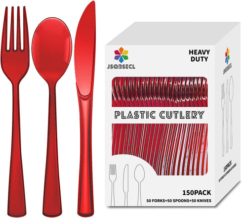 150 Pack Plastic Silverware, Disposable Cutlery Set Heavy Duty with 50 Forks, 50 Knives, 50 Spoons for Parties, Events