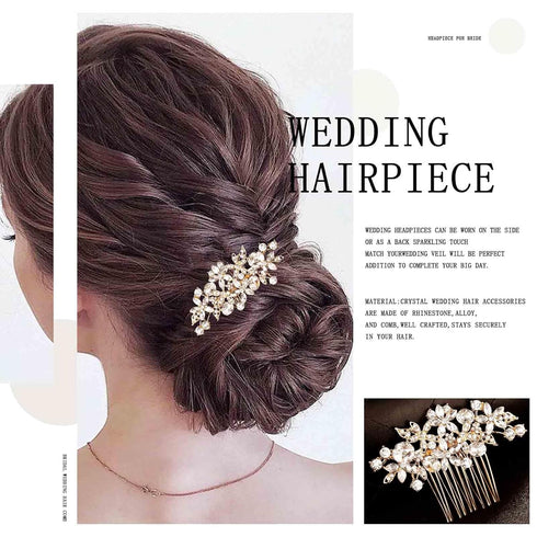 Olbye Bridal Headpiece - Rhinestone Crystal Flower Hair Comb and Clips for Brides and Women (Gold)