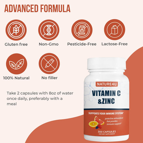 Vitamin C 1000mg with Zinc, Rose Hips & Citrus Bioflavonoids, Immune Support Antioxidant Supplement, 300 Capsules