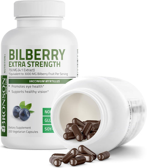 Bronson Bilberry Extra Strength Vaccinium Myrtillus, Promotes Eye Health, Non-GMO, 200 Vegetarian Capsules