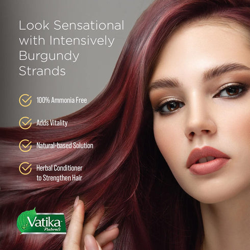 Vatika Naturals Permanent Hair Dye Burgundy, 100% Grey Coverage, Ammonia-Free, 6 Sachets (10g each)