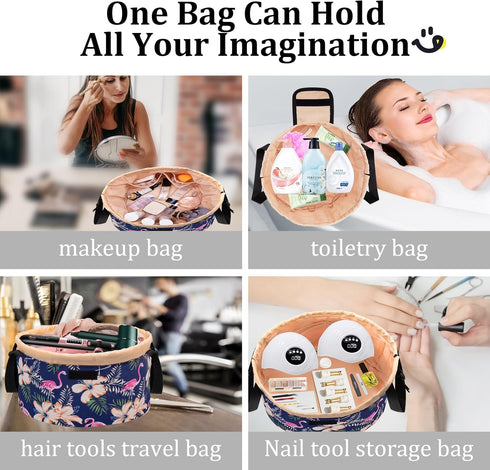 Large Barrel Drawstring Makeup Bag, Portable Cosmetic Organizer for Travel Accessories and Hair Products (Flamingo Dark