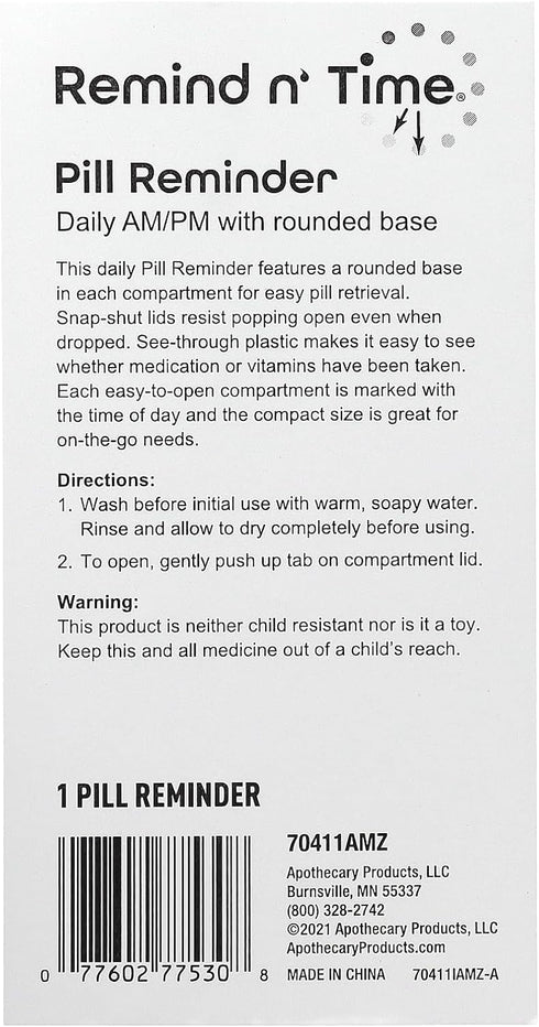 REMIND N TIME Remind N' Time Daily AM/PM Portable Travel Pill Organizer, Vitamin and Medicine Box, Snap-Shut Lids