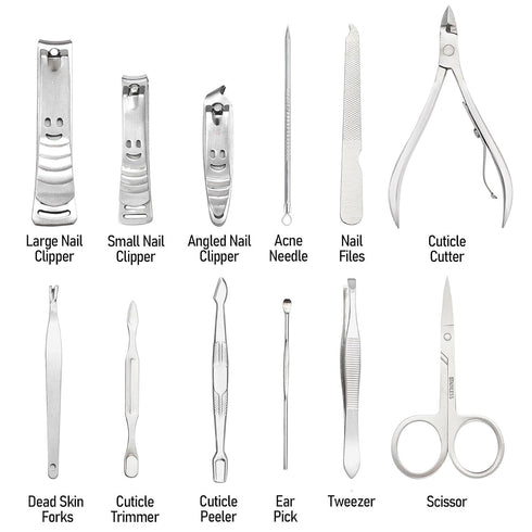 Manicure Set Pedicure Kit Stainless Steel 12 Pcs Set Toe Finger Nail Clipper Personal Care Grooming For Men Women with Luxurious Travel Case - Silver