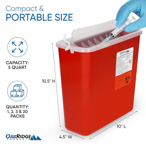 Oakridge Products Sharps Container for Home Use and Professional 5 Quart (1-Pack), Biohazard Needle and Syringe Disposal, Horizontal Drop Style Lid with levers, CDC Certified