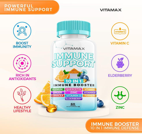 10-in-1 Immune System Support Booster with Elderberry, D3, Selenium, Quercetin, Zinc, Vitamin C, Ginger, Turmeric Curcumin, B6, Echinacea – Natural Immune Defense – Made in USA (60 Count (Pack of 1))