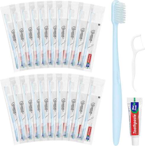 Disposable Toothbrushes with Toothpaste, Travel Toothbrush Kit, Individually Packaged, Light Blue, with