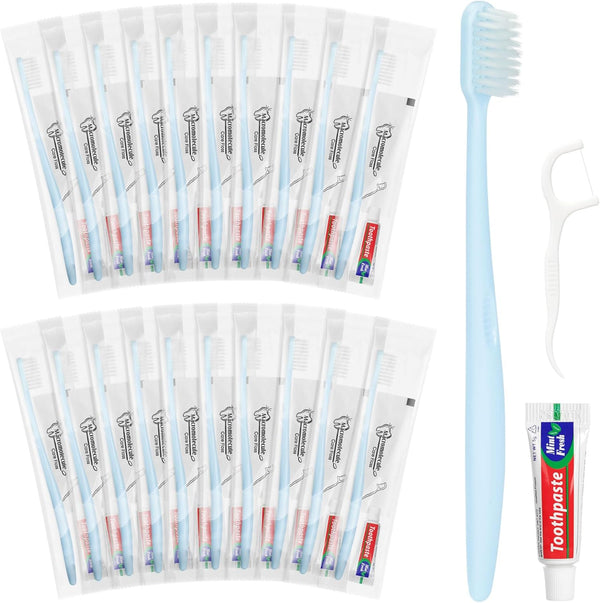 Disposable Toothbrushes with Toothpaste, Travel Toothbrush Kit, Individually Packaged, Light Blue, with