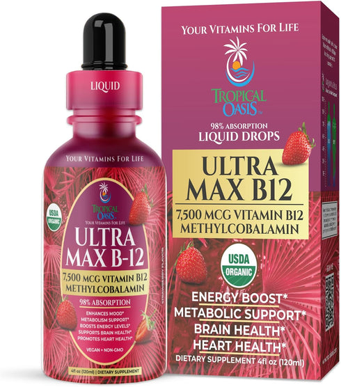 USDA Organic Ultra Max B12 | Superdose 7500mcg Vitamin B12 Liquid Drops as Methylcobalamin | 4oz