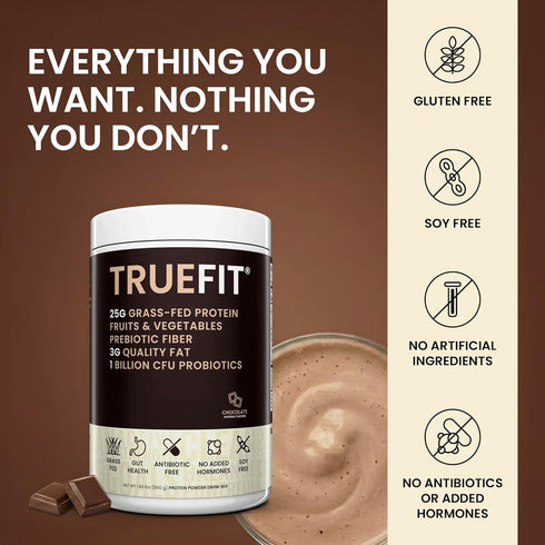 TrueFit High Fiber Protein Powder, Grass-Fed Whey Meal Replacement Shake with Prebiotics, Probiotics, & Organic