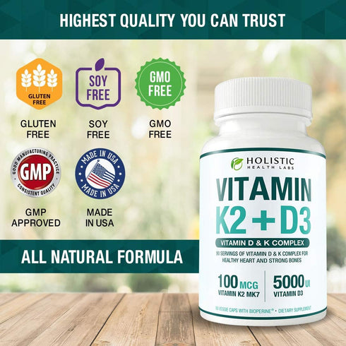 Max Absorption Vitamin K2 + D3 (5000IU) 90 Veggie Capsules from MK-7 and Cholecalciferol for Healthy Heart and Strong