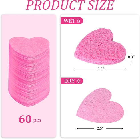 Women 60-Count Compressed Cellulose Heart Shape Face Facial Sponges 100% Natural Cosmetic Sponges for Facial Cleansing Exfoliating Mask Skin Massage (Pink)