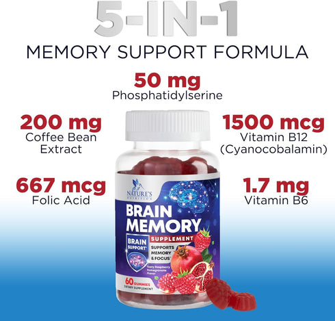 Brain Supplement Gummies for Memory & Focus Support - 60 Vegan Gummies with B6 B12, Phosphatidylserine, Nootropics