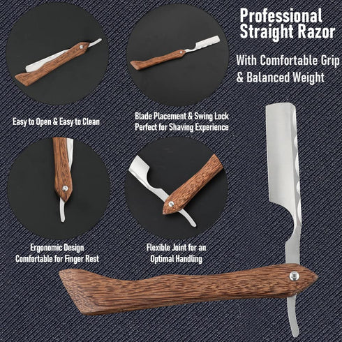 Professional Straight Razor with Strope - Premium Stainless Steel Shaver for Men Home & Salon Grooming
