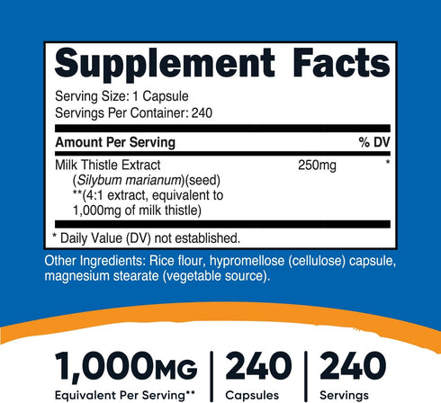 Nutricost Milk Thistle 250mg (1000mg Equivalent), 240 Vegetarian Capsules - 4:1 Extract - Non-GMO and Gluten Free