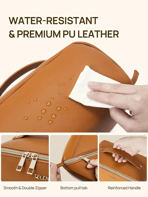 Telena Large Capacity Makeup Bag, Portable PU Leather Water Resistant Cosmetic Organizer for Women with Handle and