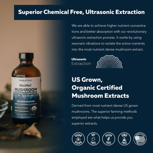 MycoMax Mushroom Complex - 70% Beta Glucans, Promotes Cognition, Immunity, Energy, 8 oz.