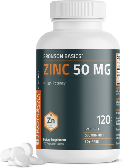 Bronson Zinc 50 MG High Potency - Supports Immune, Antioxidant & Skin Health - Non-GMO, 120 Vegetarian Tablets