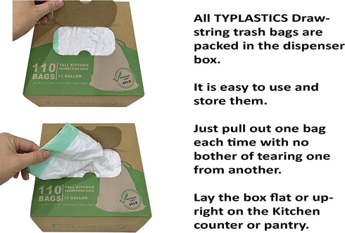 Tall Kitchen Drawstring Trash Bags, 110 Count, 13 Gallon
