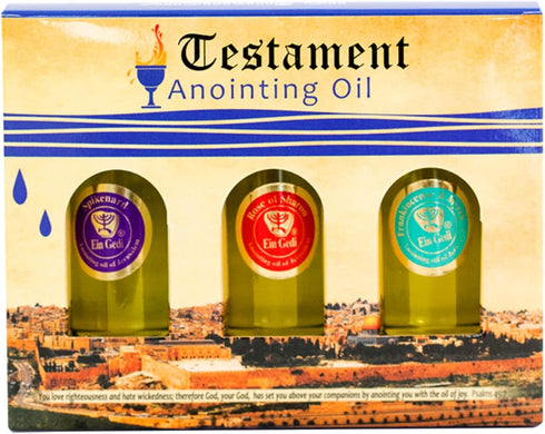 Anointing Oils Set Made in Israel by Nana Gifts, Including Myrrh and Frankincense, Rose of Sharon, and Spikenard. Each bottle contains .34 fl oz | 10 ml of scented oil.