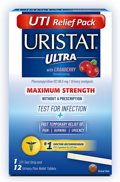 URISTAT Ultra UTI Relief Pak - UTI Treatment for Women and Men, 1 UTI Test Strip and 12 Treatment Tablets, 1 Box
