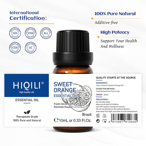 HIQILI Sweet Orange Essential Oil - 100% Pure Natural for Diffuser, Aromatherapy - 10ml