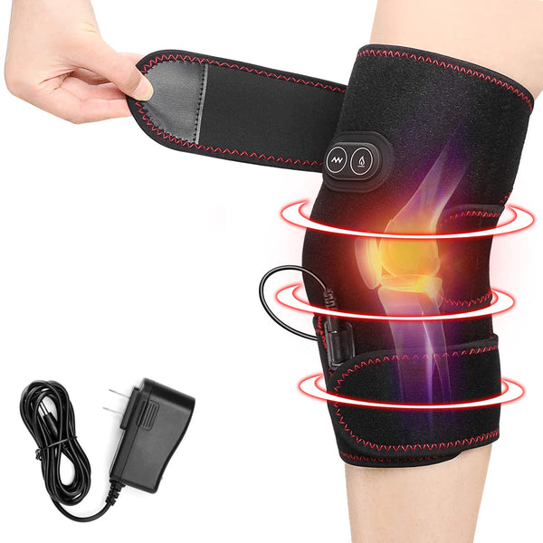 Heated Knee Brace Wrap, 3 Adjustable Heat and Vibration Massager for Arthritis Pain Relief, AC Adapter