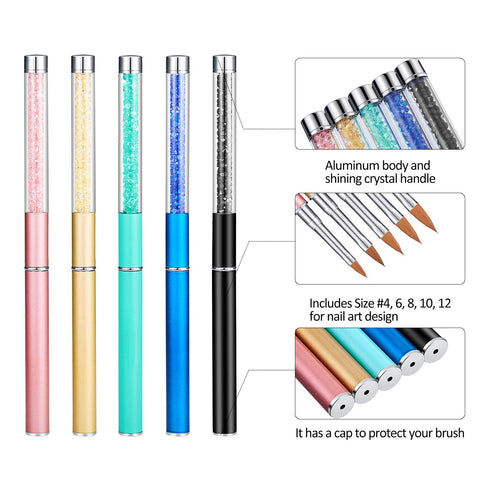 Honoson 5 Pieces Nail Art Brush Set - Acrylic Nail Brush for 3D Flower, DIY Salon Manicure Pen, Sizes 4, 6, 8, 10, 12