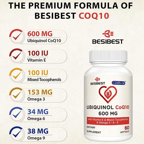 Ubiquinol CoQ10-600mg-Softgel - Active CoQ10 Supplement with Vitamin E & Omega 3, 120 Count
