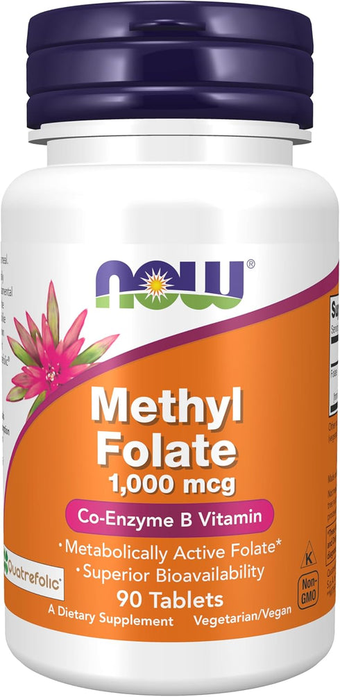 NOW Supplements, Methyl Folate 1,000 mcg, Metabolically Active Folate, Co-Enzyme B Vitamin, 90 Tablets