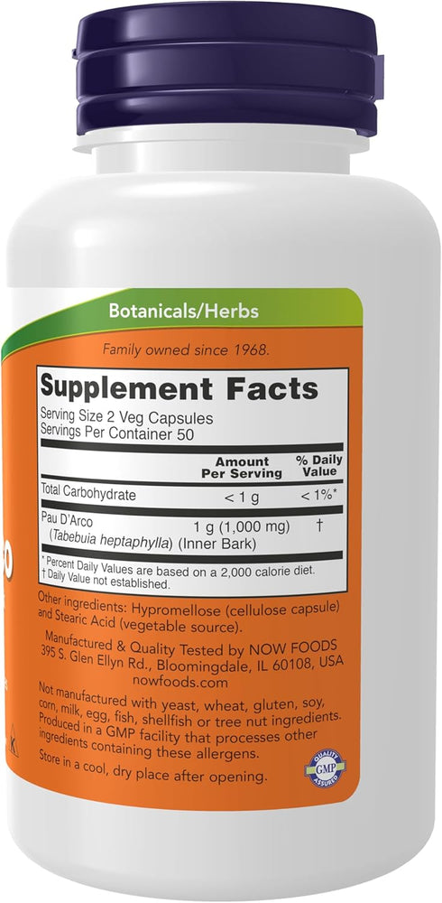 NOW Supplements, Pau D'Arco (Tabebuia heptaphylla) 500 mg, Herbal Support, 100 Veg Capsules