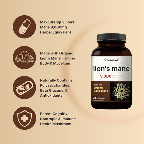 NatureBell Lions Mane Mushroom Supplement Capsules 9,000mg, 240 Capsules | Cognitive Brain Nootropic & Immune Support